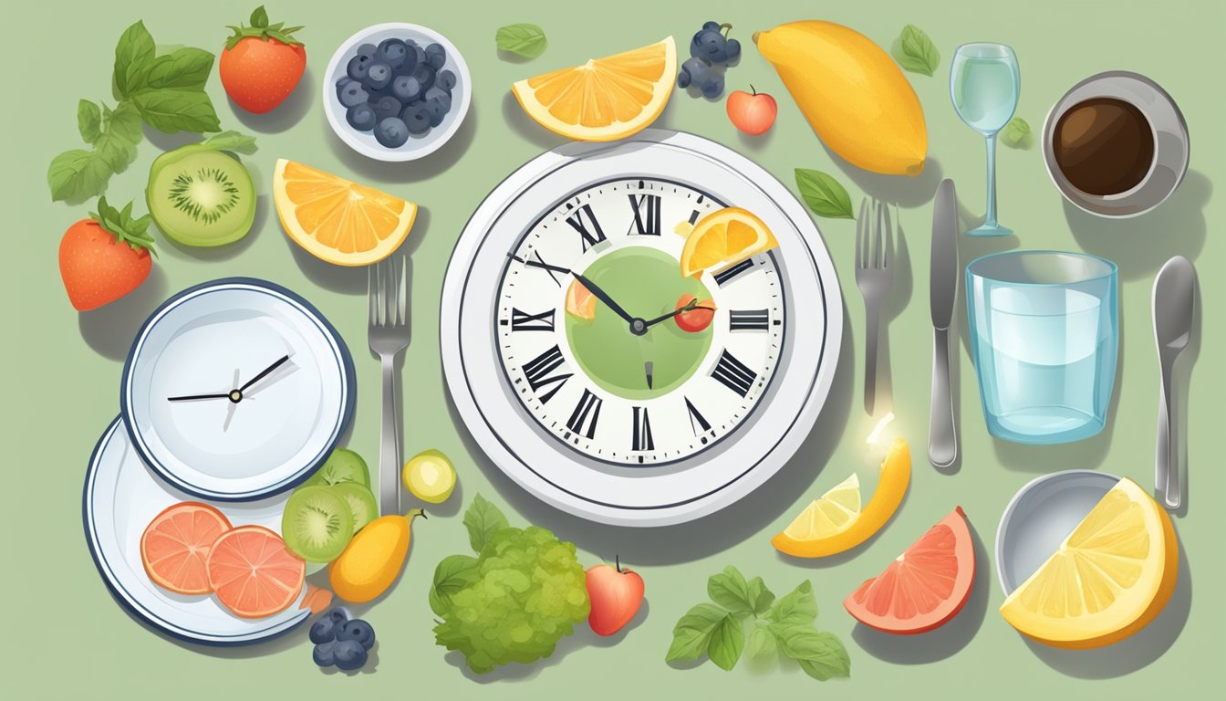 A clock showing 7 AM and 7 PM, with empty plate and glass of water, surrounded by healthy food and a journal