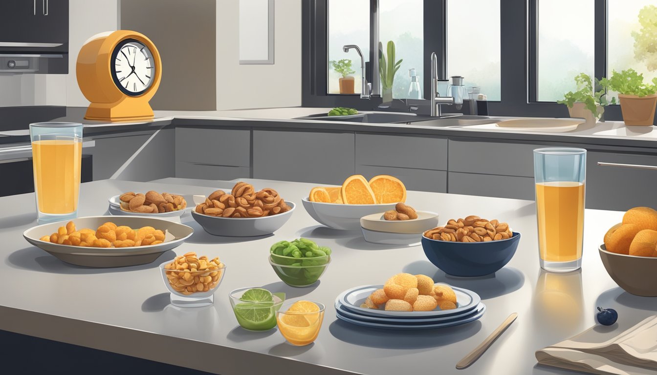 A kitchen counter with a clock showing midnight, surrounded by healthy snacks and a glass of water