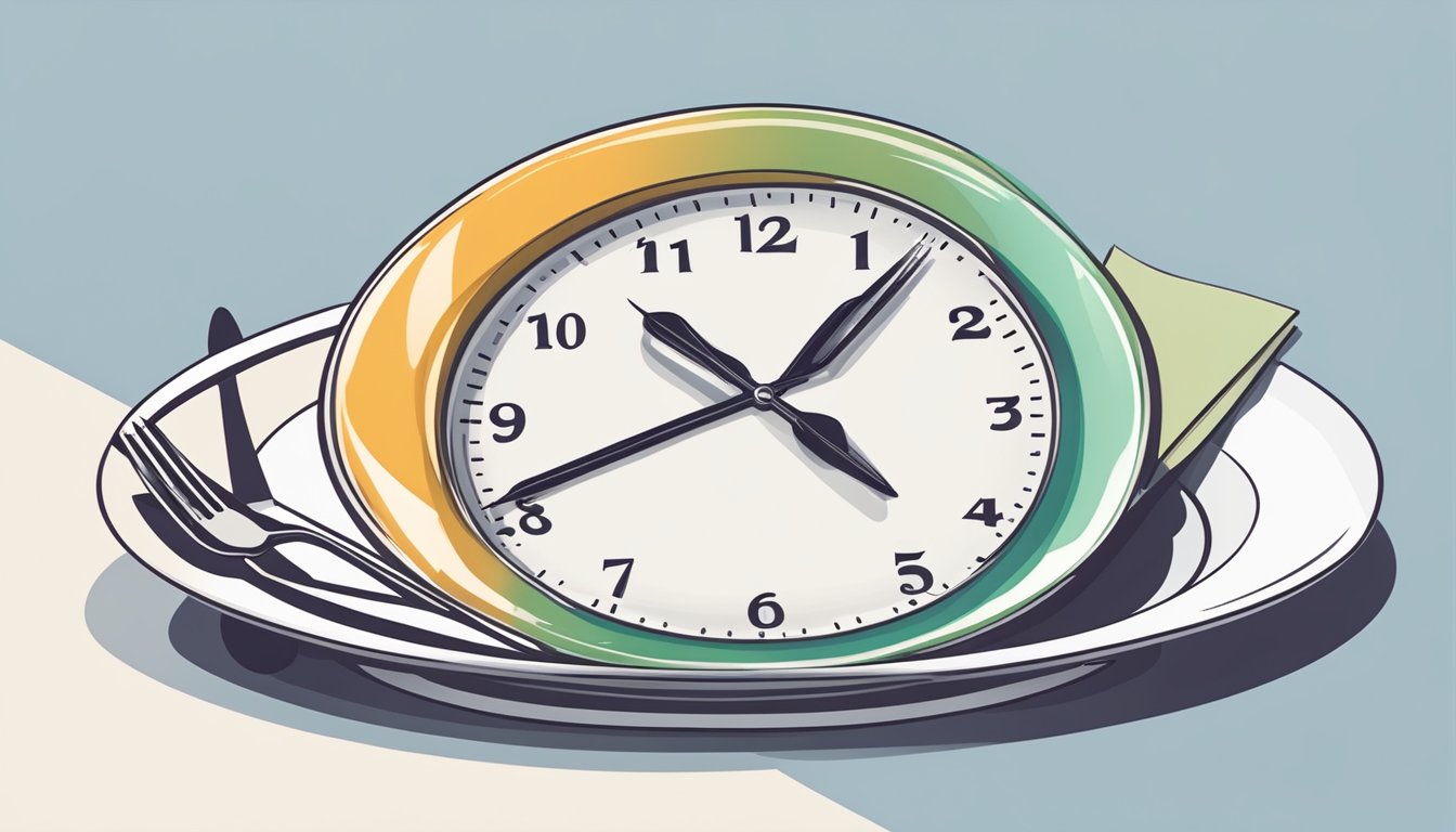 A clock showing 7 PM and an empty plate with a fork and knife crossed on top, symbolizing the start of a 12-hour fasting period for intermittent fasting