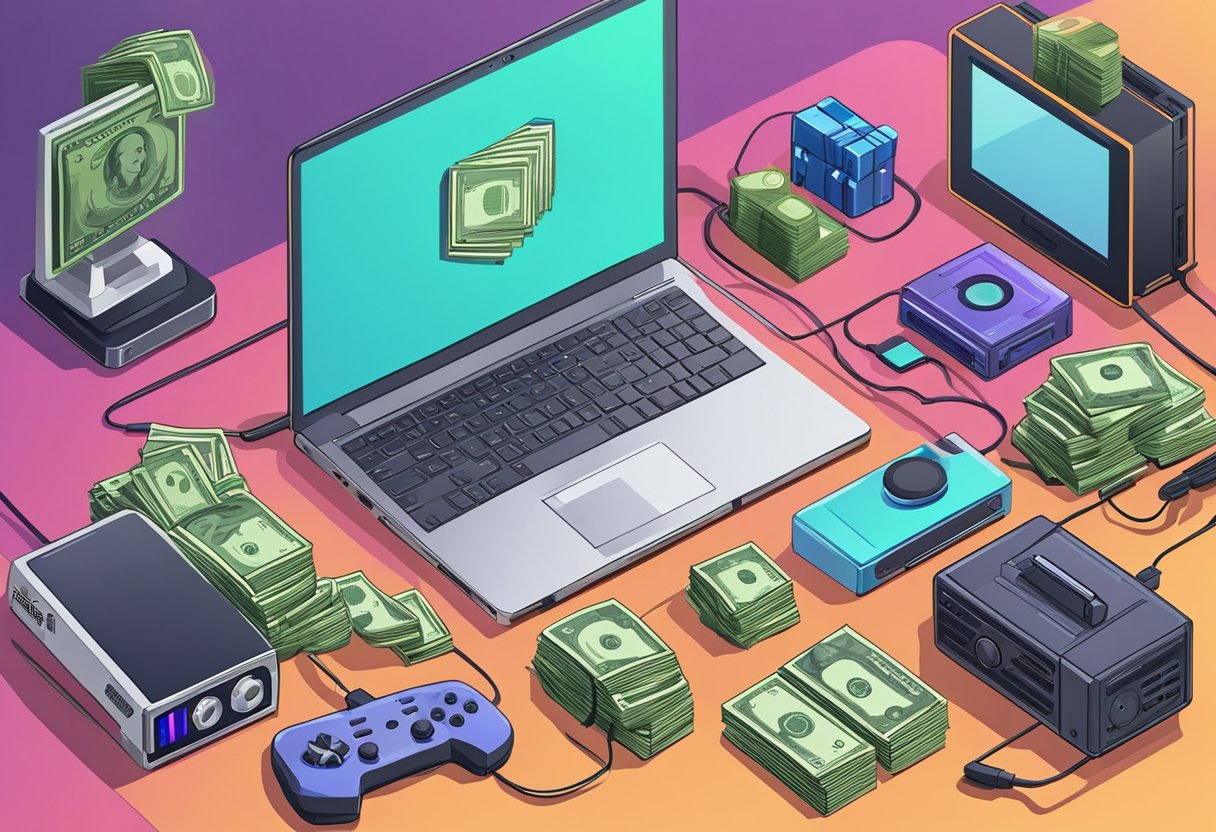 A laptop surrounded by gaming consoles, cameras, microphones, and a stack of money, with a digital screen showing "Top 10 Ways to Make Money Online"