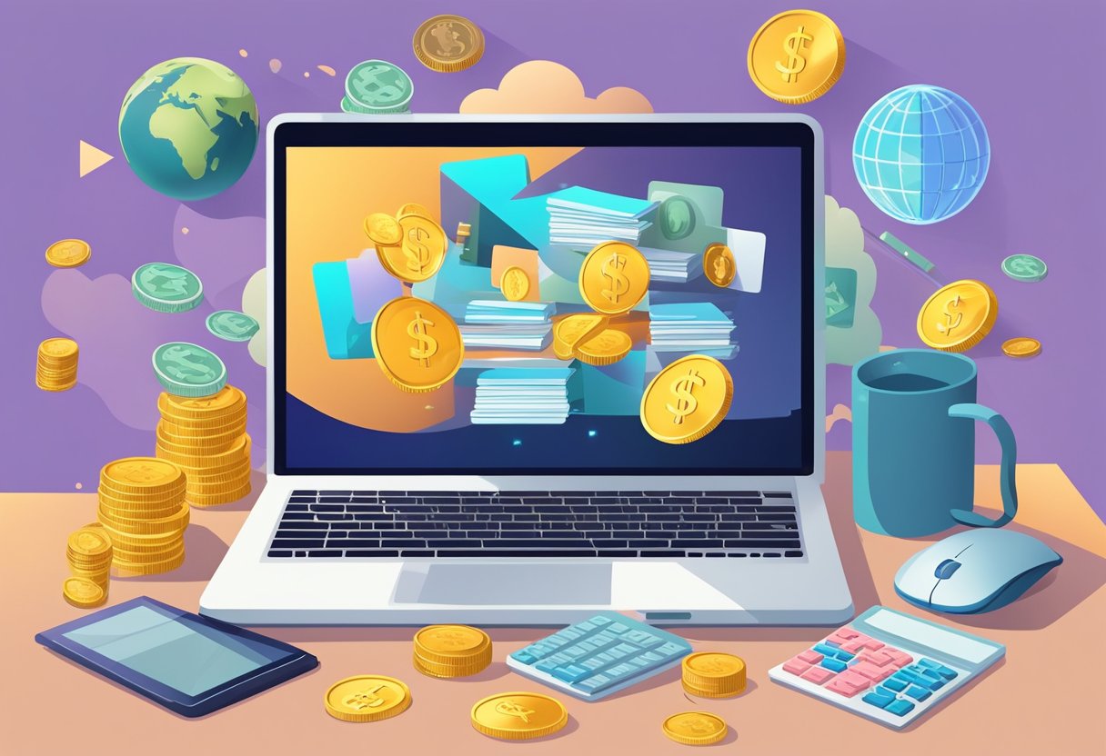 A laptop surrounded by various objects symbolizing different online money-making methods, such as a stack of coins, a dollar sign, a globe, and a computer mouse