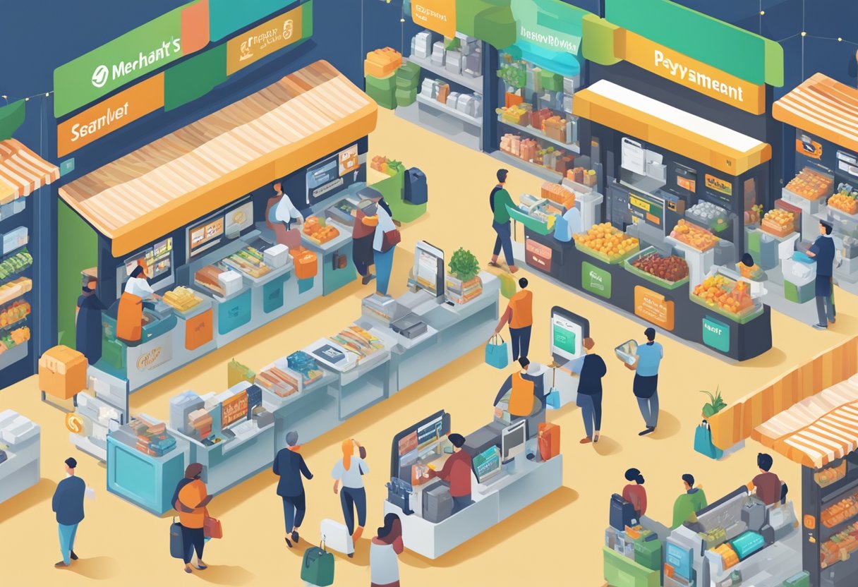 A bustling marketplace with various digital payment logos displayed above each merchant's stall. Customers and merchants interact seamlessly using top 10 payment gateways for eCommerce