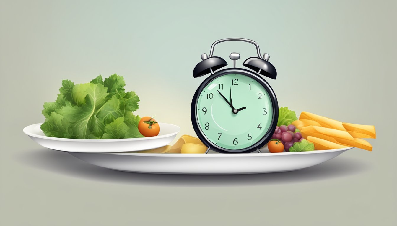 A clock showing 7:00 PM with a plate of food on one side and an empty plate on the other, symbolizing the 12-hour fasting period