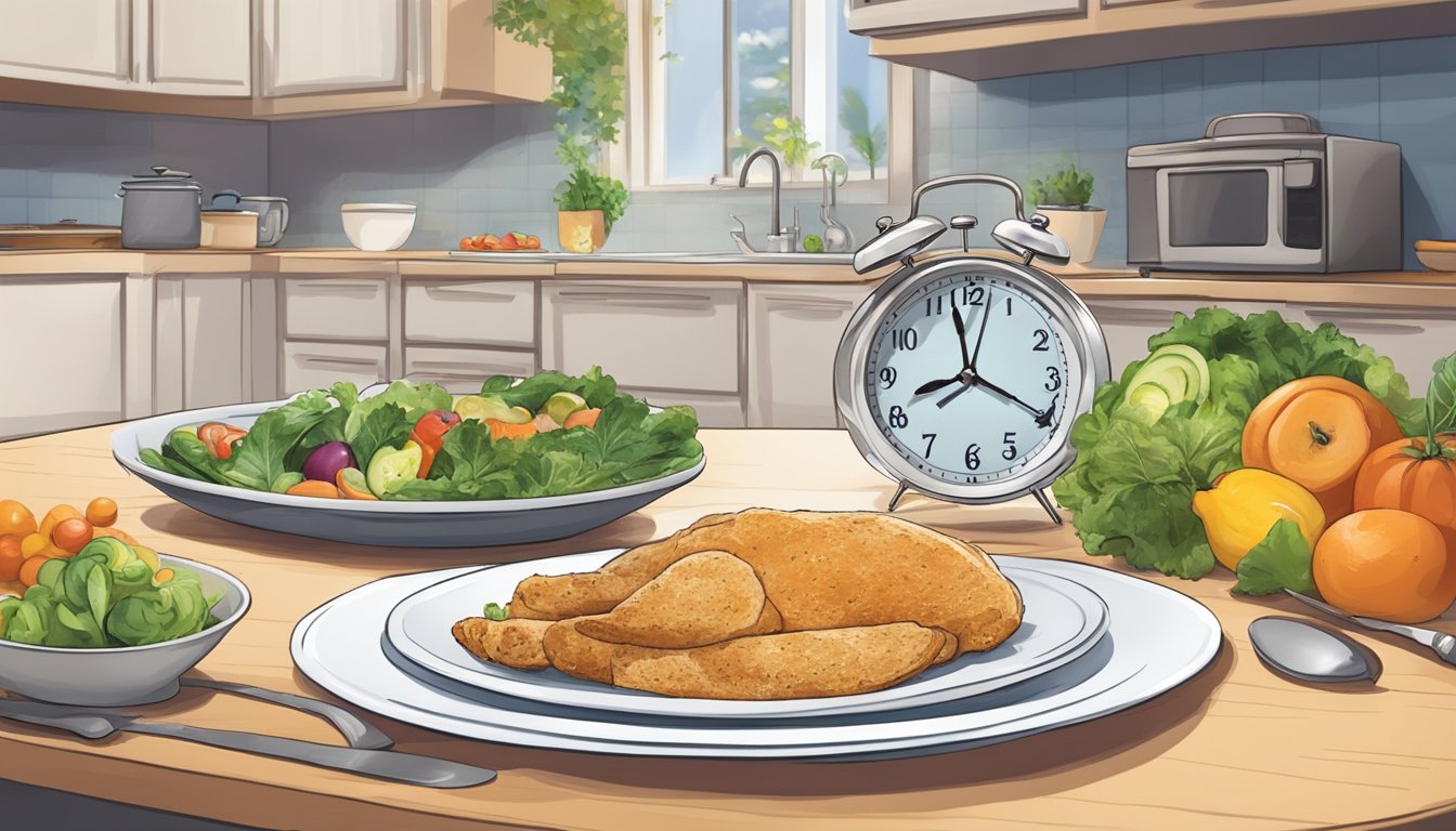 A clock striking 7 PM as a dinner plate is cleared, signaling the start of a 12-hour fasting window. A kitchen filled with healthy food options for the next morning