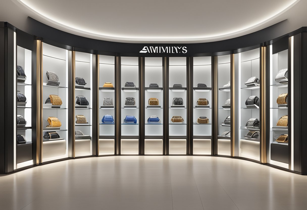 A display of 10 luxurious watches arranged in a sleek and modern showcase, each brand's logo prominently featured