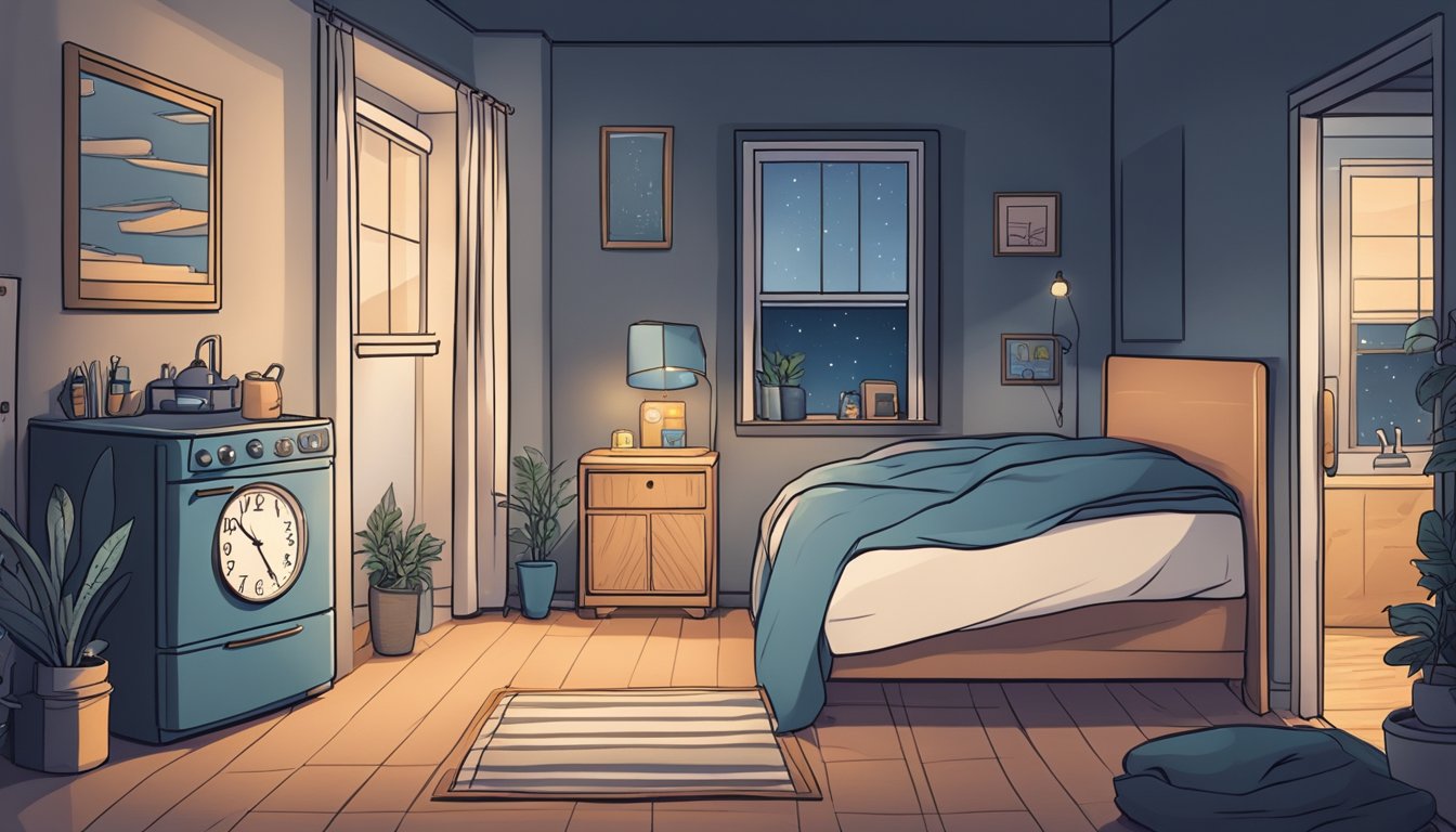 A serene bedroom at night with a clock showing midnight, a closed refrigerator, and a darkened kitchen symbolizing the 12-hour fasting window while sleeping