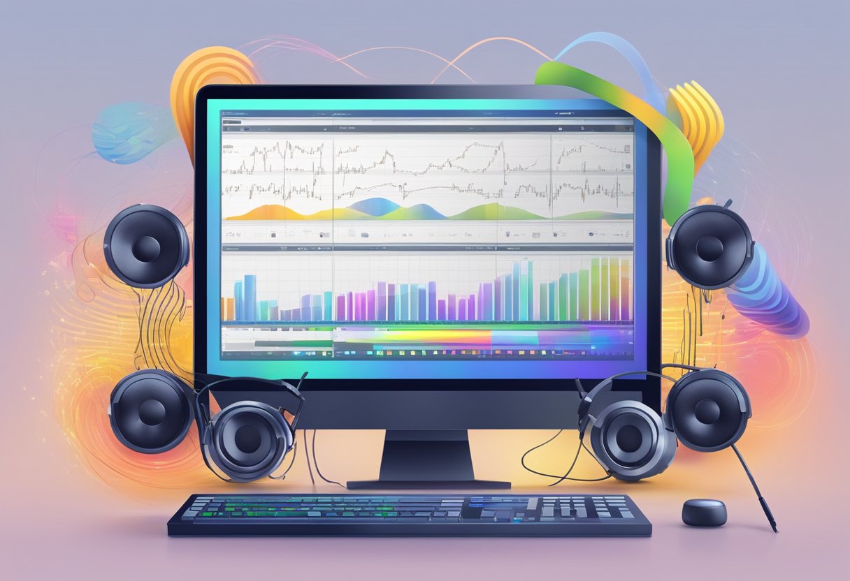 A computer screen displaying various audio creation tools surrounded by digital sound waves and musical notes