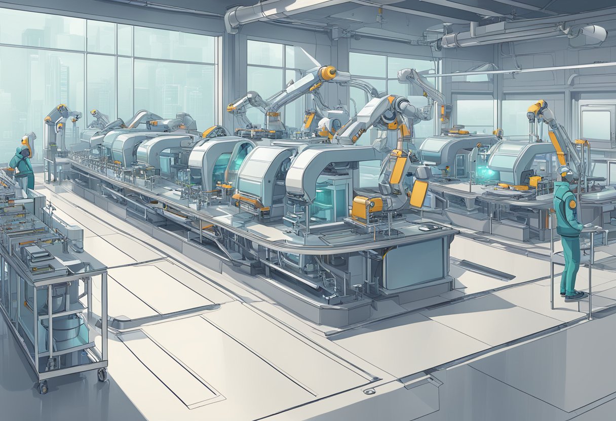 A futuristic AI tool assembly line creating and repurposing content