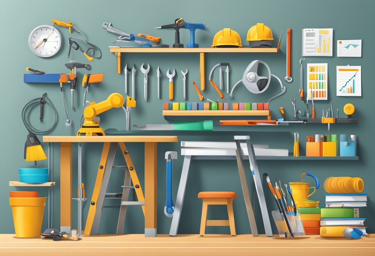 A table with various tools and equipment representing different skills, surrounded by a growth chart and a ladder symbolizing career advancement