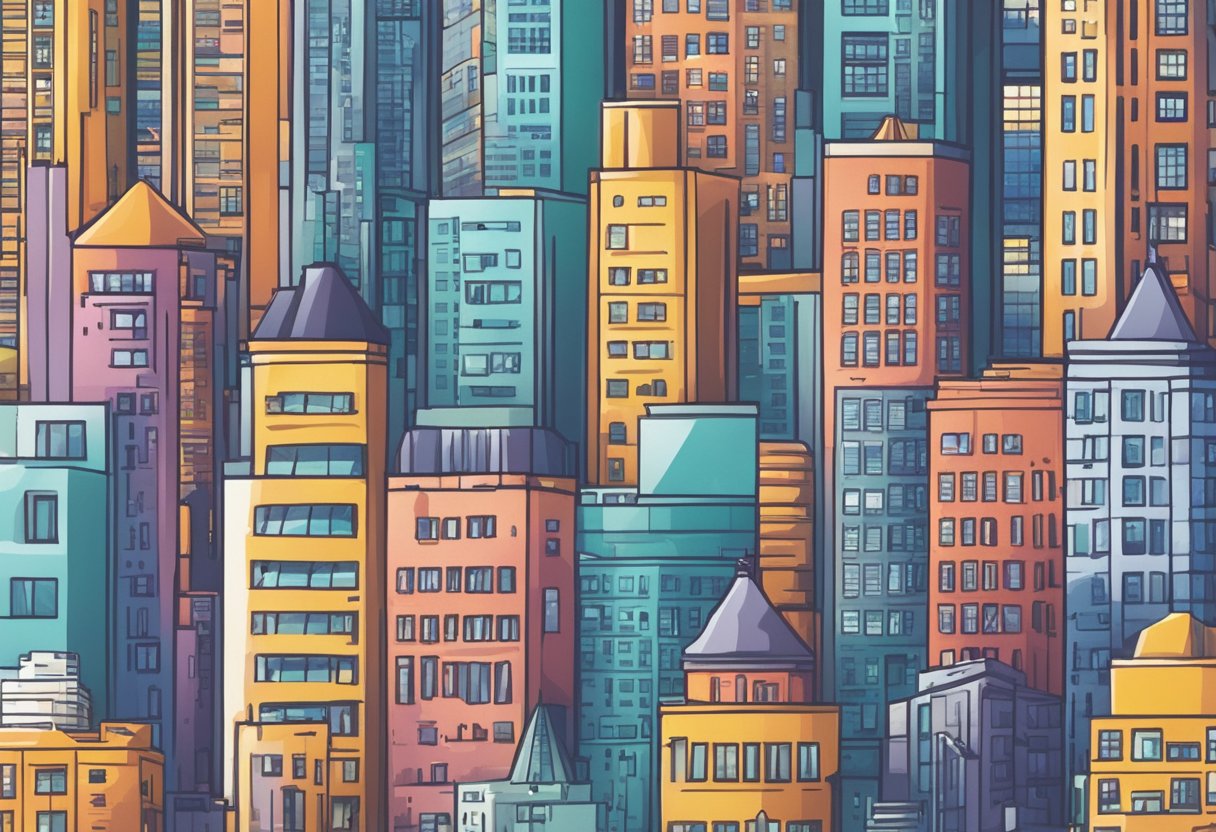 A bustling city skyline with ten prominent buildings, each representing a different real estate crowdfunding platform. The buildings are sleek and modern, with vibrant colors and unique architectural designs