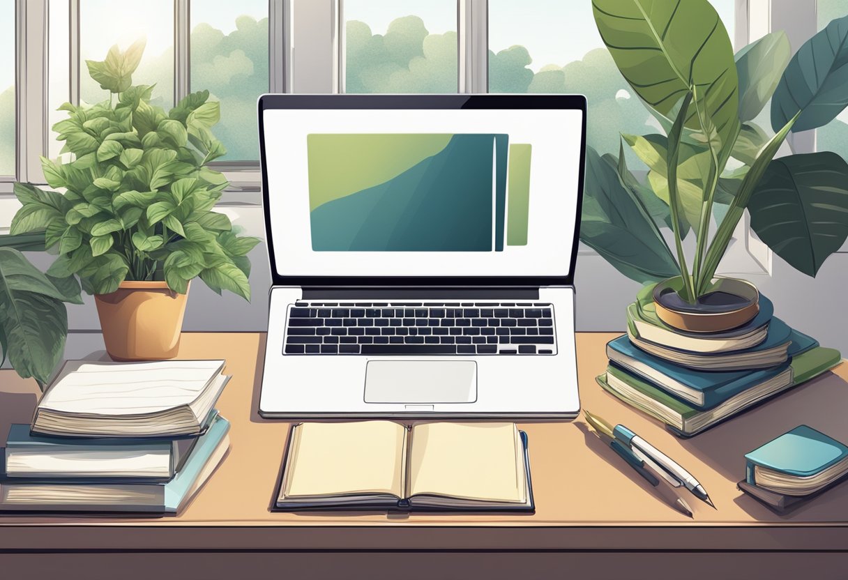 A desk with a laptop, notebook, and pen. A stack of books on one side and a plant on the other. An open window with natural light