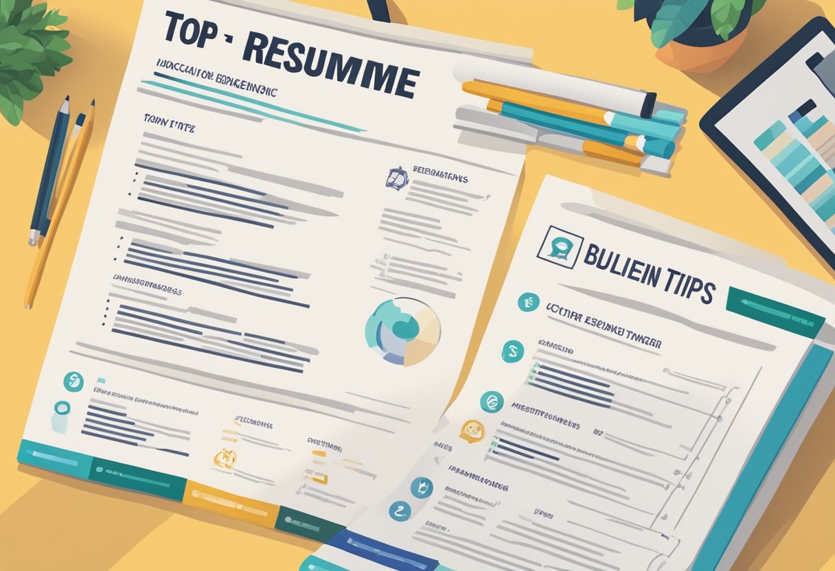 A resume with "Top 10 Resume-Building Tips" surrounded by supplementary sections like education, skills, and work experience