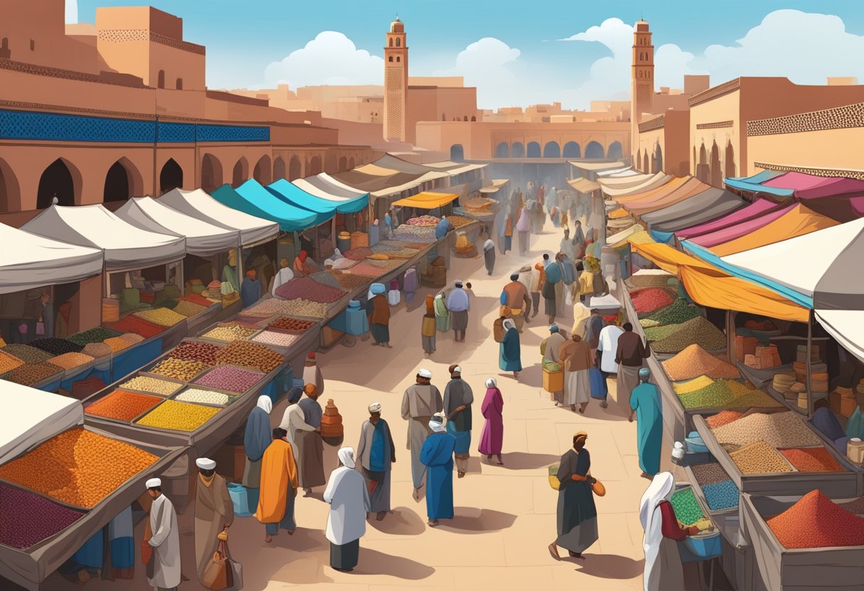 A bustling marketplace in Marrakech, Morocco with colorful textiles, spices, and street food vendors