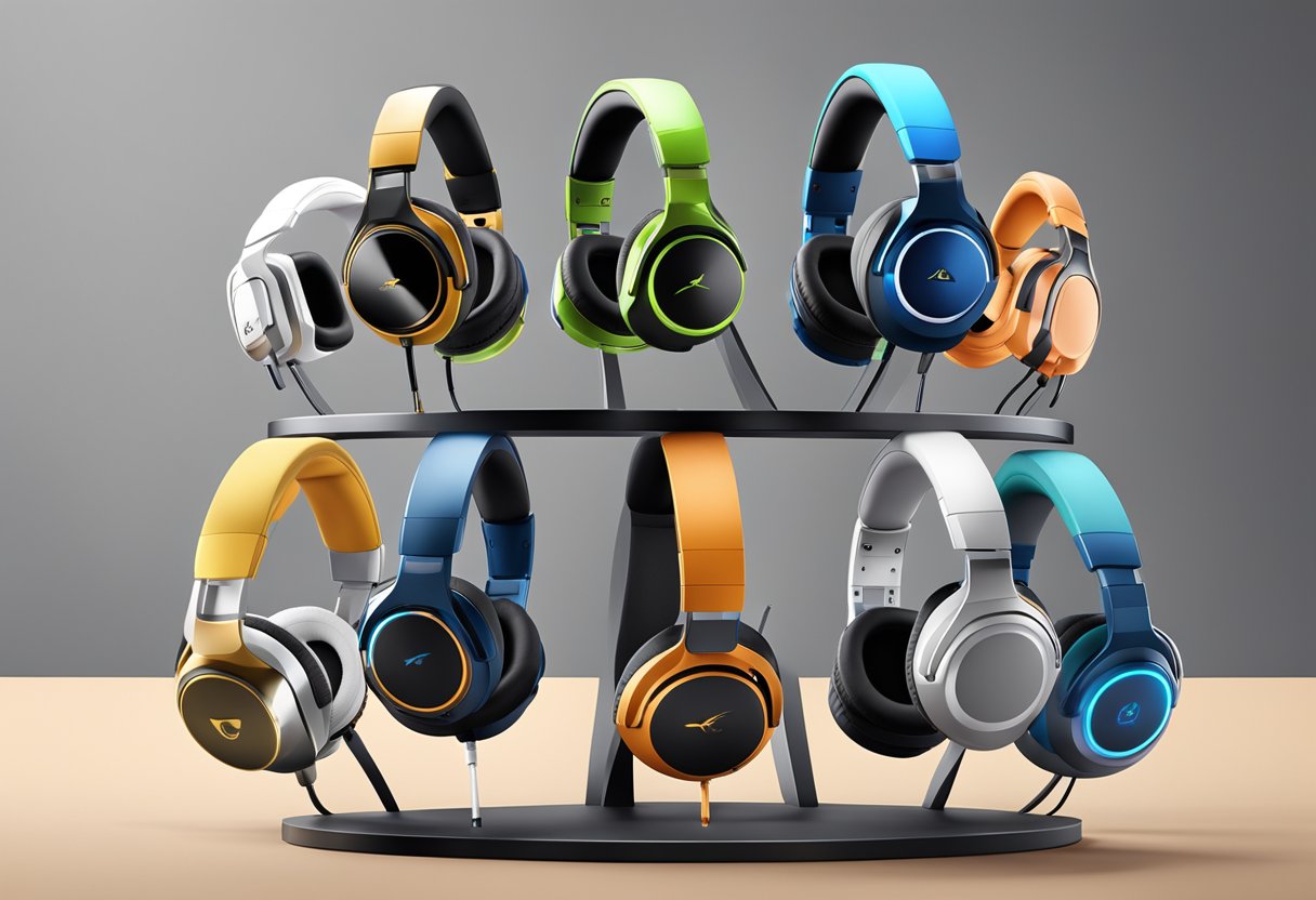 A collection of top 10 gaming headsets arranged in a semi-circle on a sleek, modern display stand