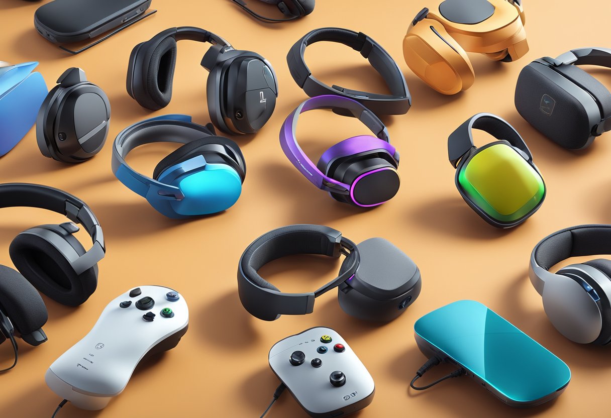 A collection of top 10 gaming headsets displayed on a sleek, futuristic backdrop with customizable features highlighted