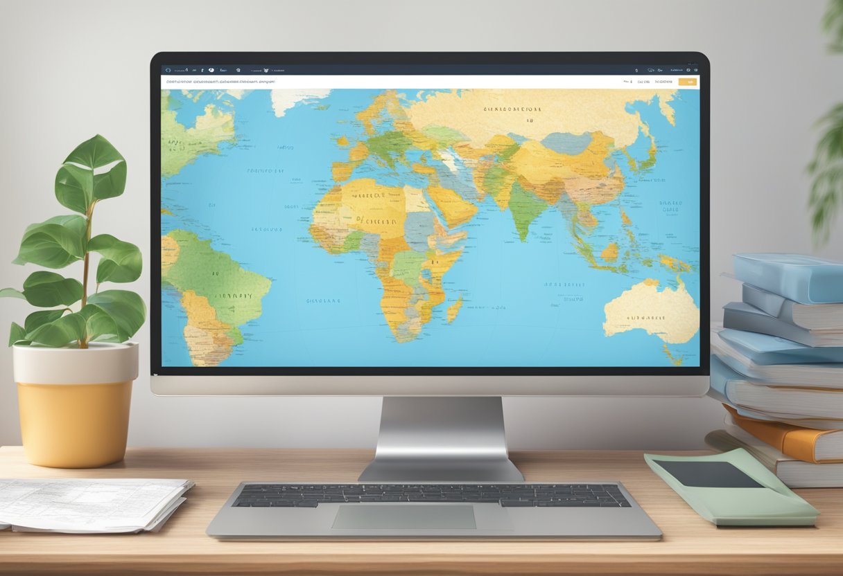 A world map with highlighted budget travel destinations and a list of frequently asked questions displayed on a computer screen