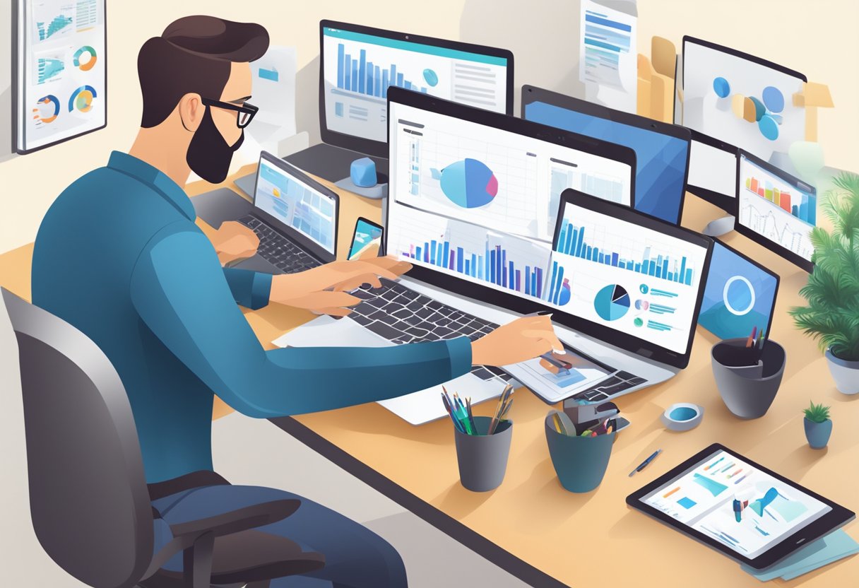 A small business owner at a desk surrounded by various CRM tools, including a laptop, smartphone, and tablet, with charts and graphs displayed on the screens