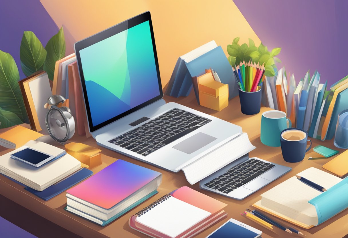 A student's desk with 10 different tablets neatly arranged, surrounded by books, notebooks, and pencils