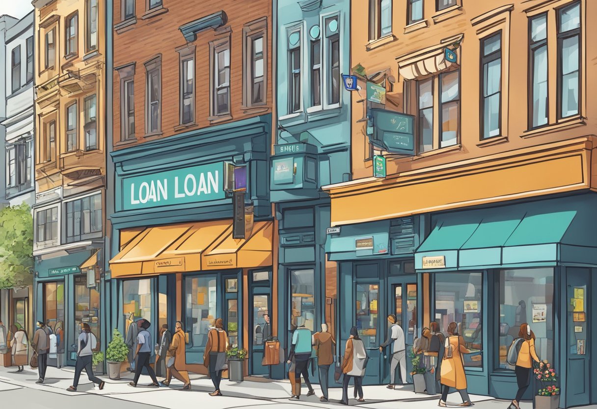 A bustling city street with various small business storefronts, each displaying signs for different loan providers. People are seen entering and exiting the buildings, indicating high activity