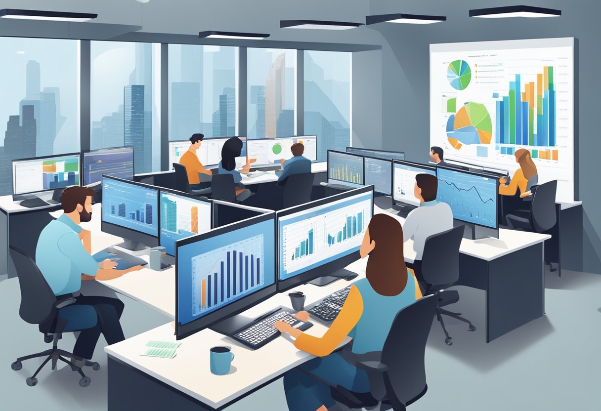 A busy office scene with people reviewing documents and discussing financial data. Charts and graphs are displayed on computer screens and whiteboards