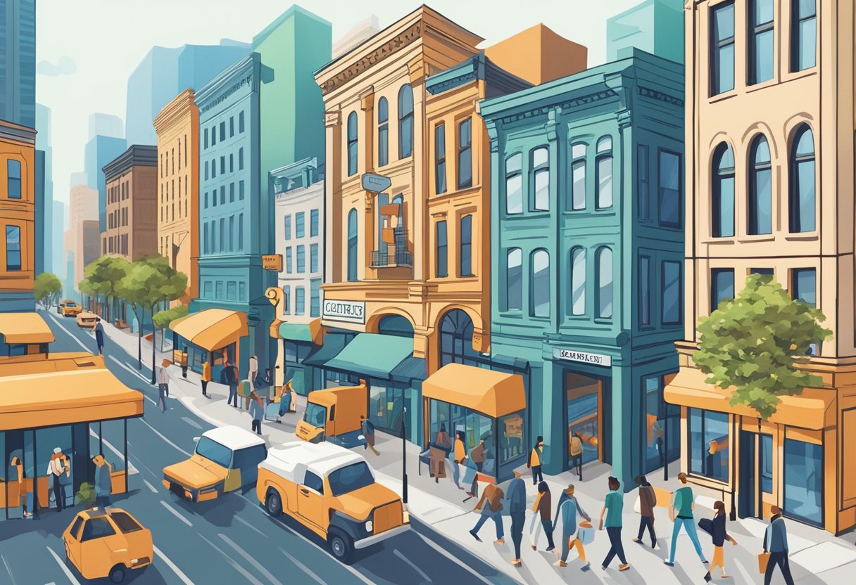 A bustling city street with ten distinct storefronts, each representing a different small business loan provider. Busy professionals walk by, considering their options