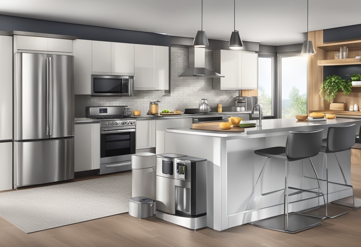 A modern kitchen with a sleek refrigerator, stove, microwave, blender, coffee maker, toaster, dishwasher, mixer, food processor, and kettle on the counter