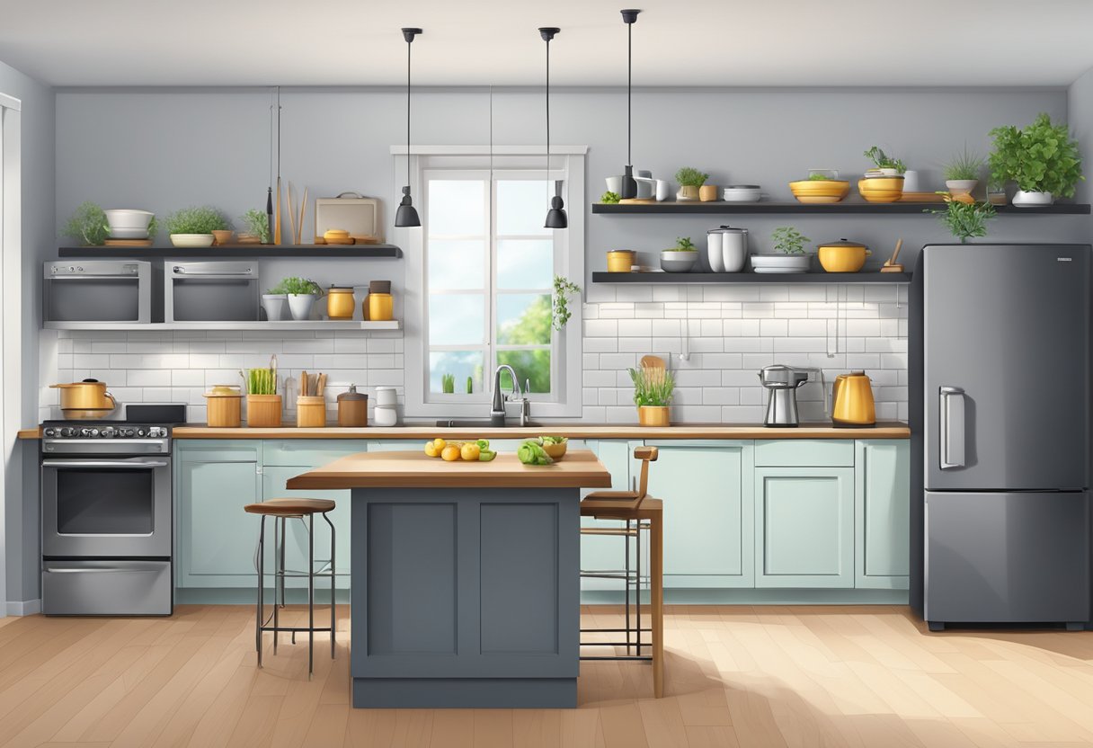 A modern kitchen with various appliances neatly arranged on countertops and shelves