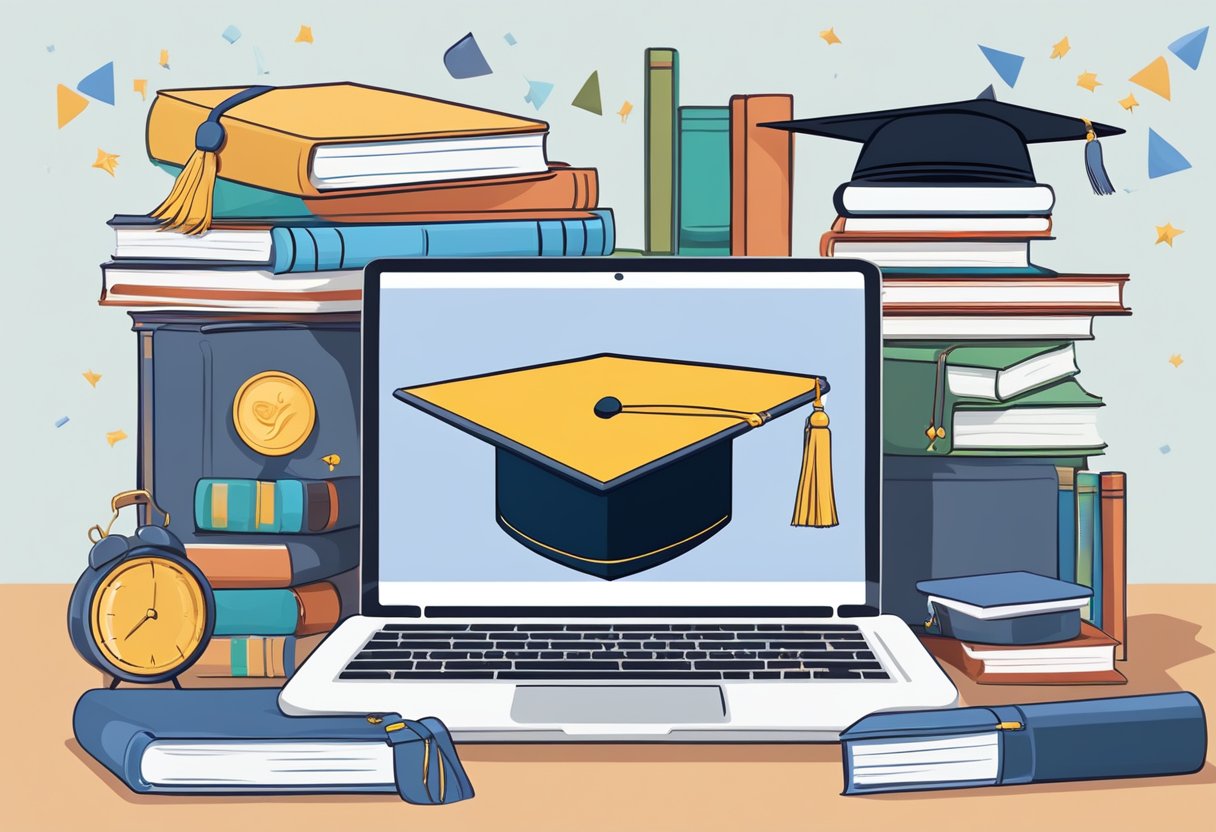 A laptop surrounded by books and a graduation cap, with a virtual graduation ceremony playing on the screen