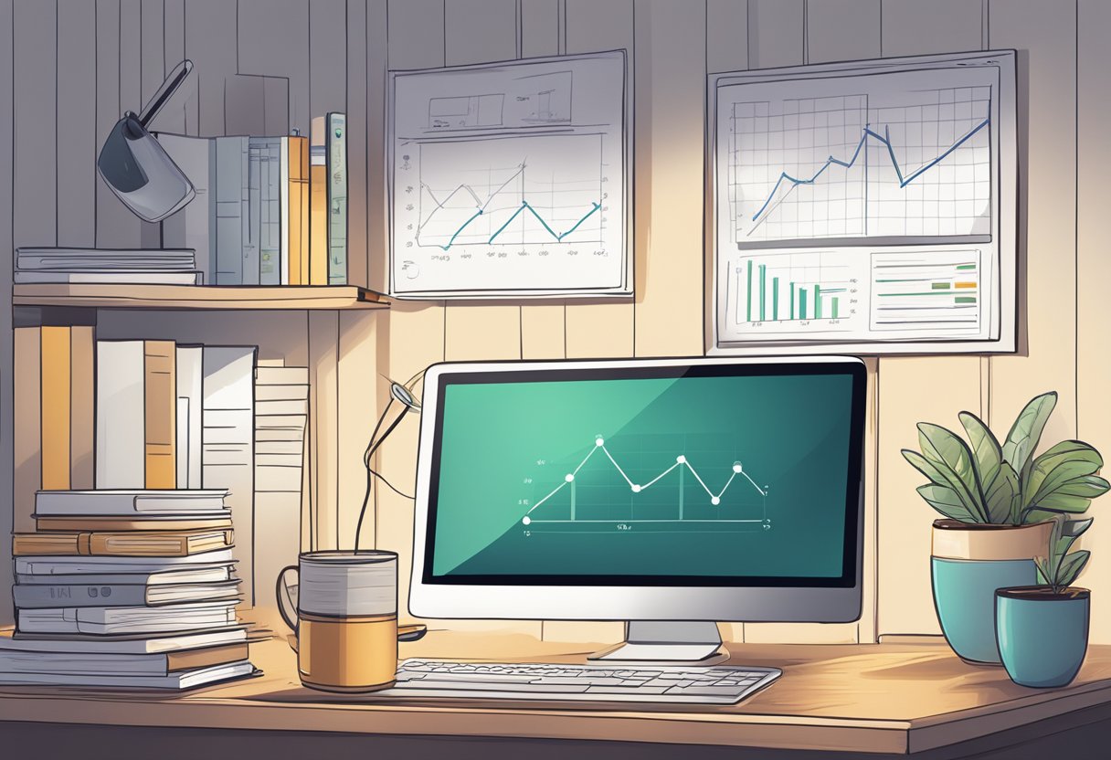 A cozy home office with a laptop, books, and a cup of coffee. A chart showing various passive income ideas is displayed on the computer screen