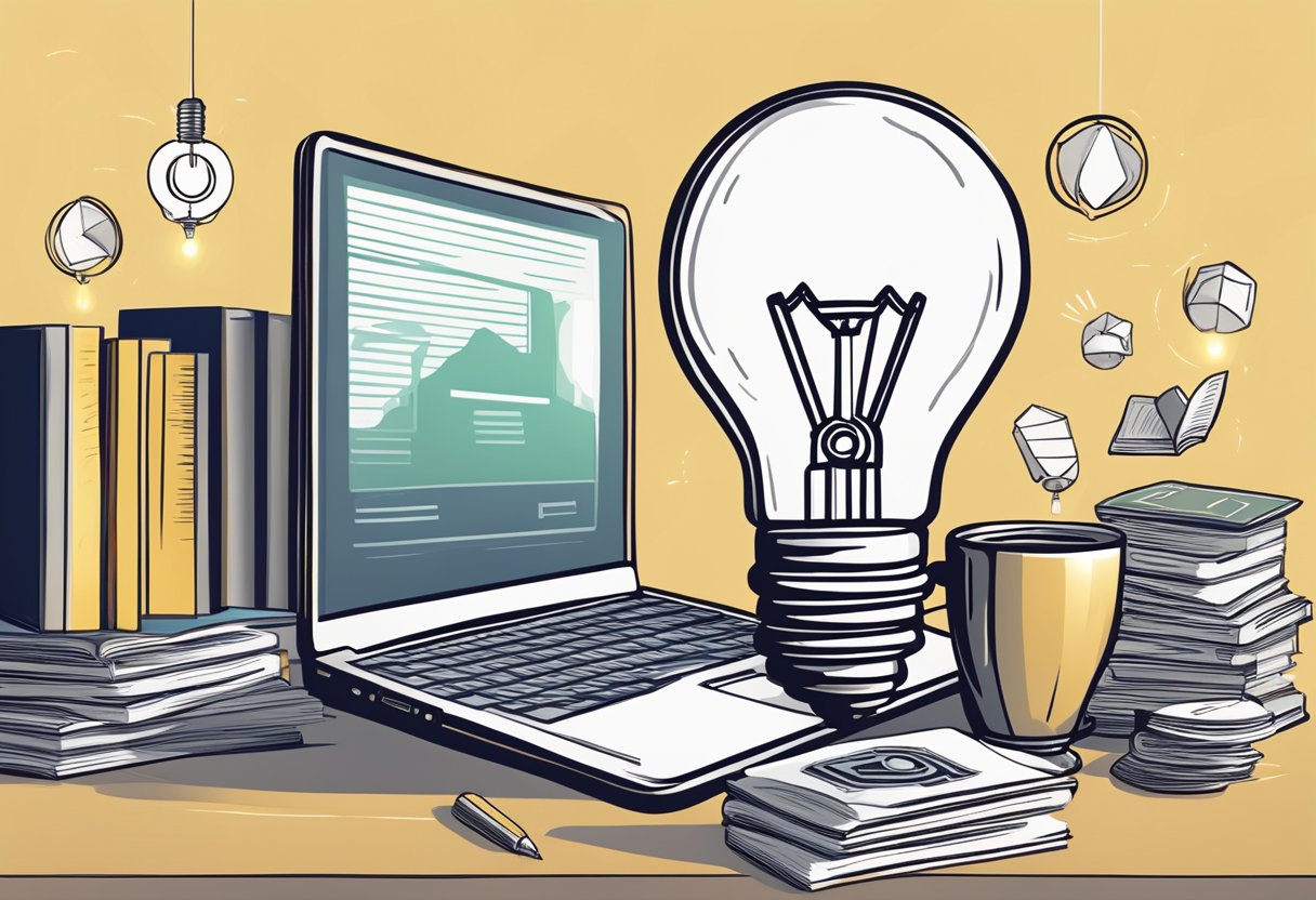 A desk with a laptop, books, and a cup of coffee. A lightbulb symbolizing creativity and a copyright symbol representing intellectual property. A stack of money indicating passive income