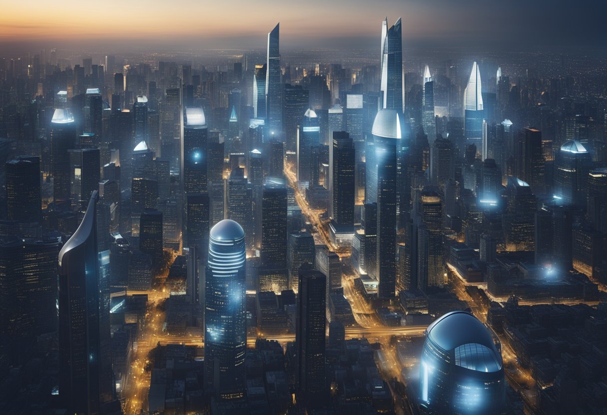 A futuristic city skyline with Nexys Technology's headquarters towering above, surrounded by bustling financial districts and cutting-edge technology