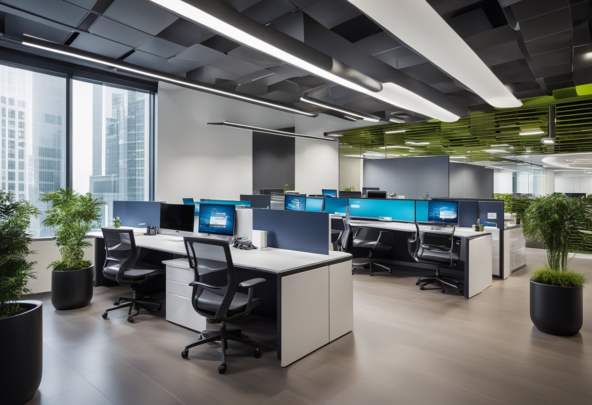 A modern office with sleek technology and streamlined processes, showcasing the Nexys 2024 loan origination system in action amidst a backdrop of changing economic landscapes