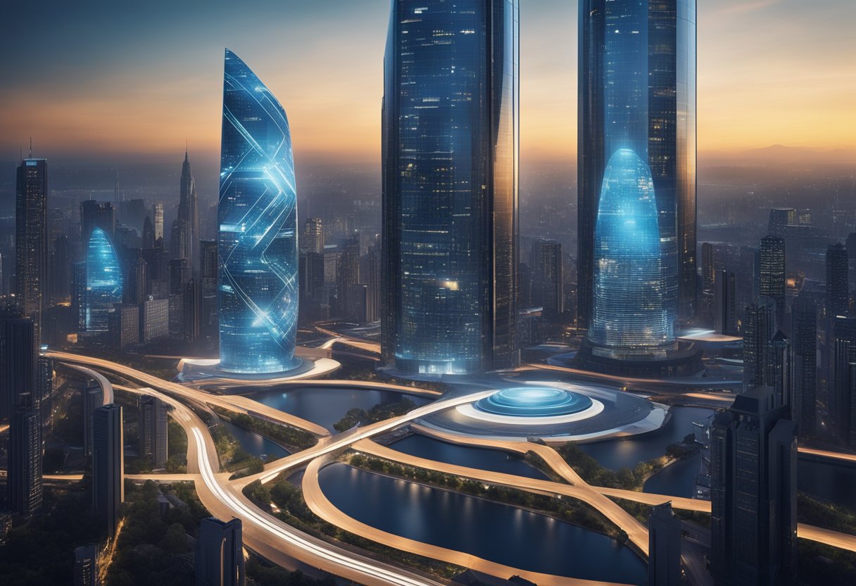 A futuristic city skyline with advanced digital interfaces integrated into buildings, showcasing Nexys' role in modernizing loan origination in 2024