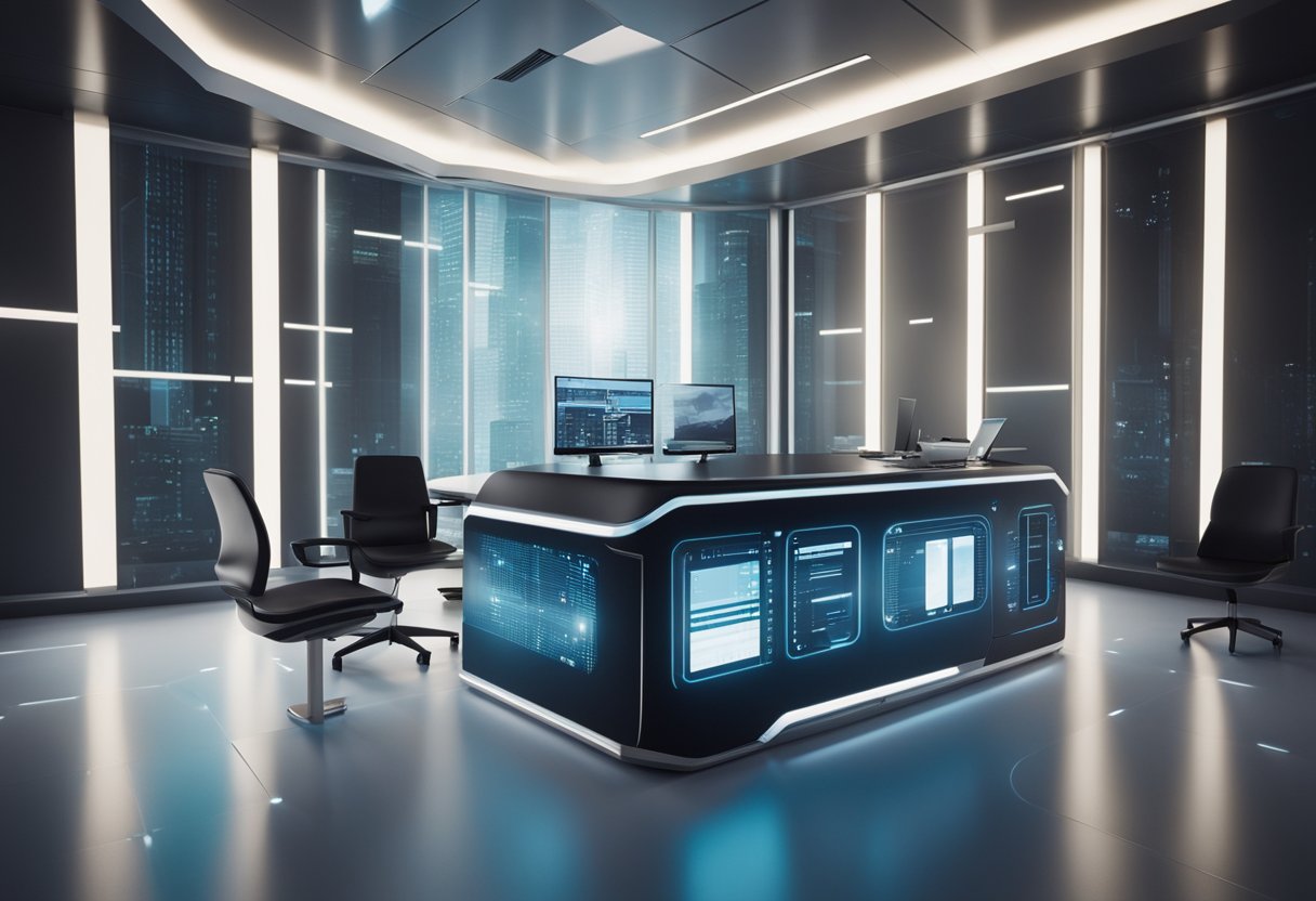 A futuristic office setting with advanced technology and security measures in place, showcasing the integration of Nexys into the loan origination process