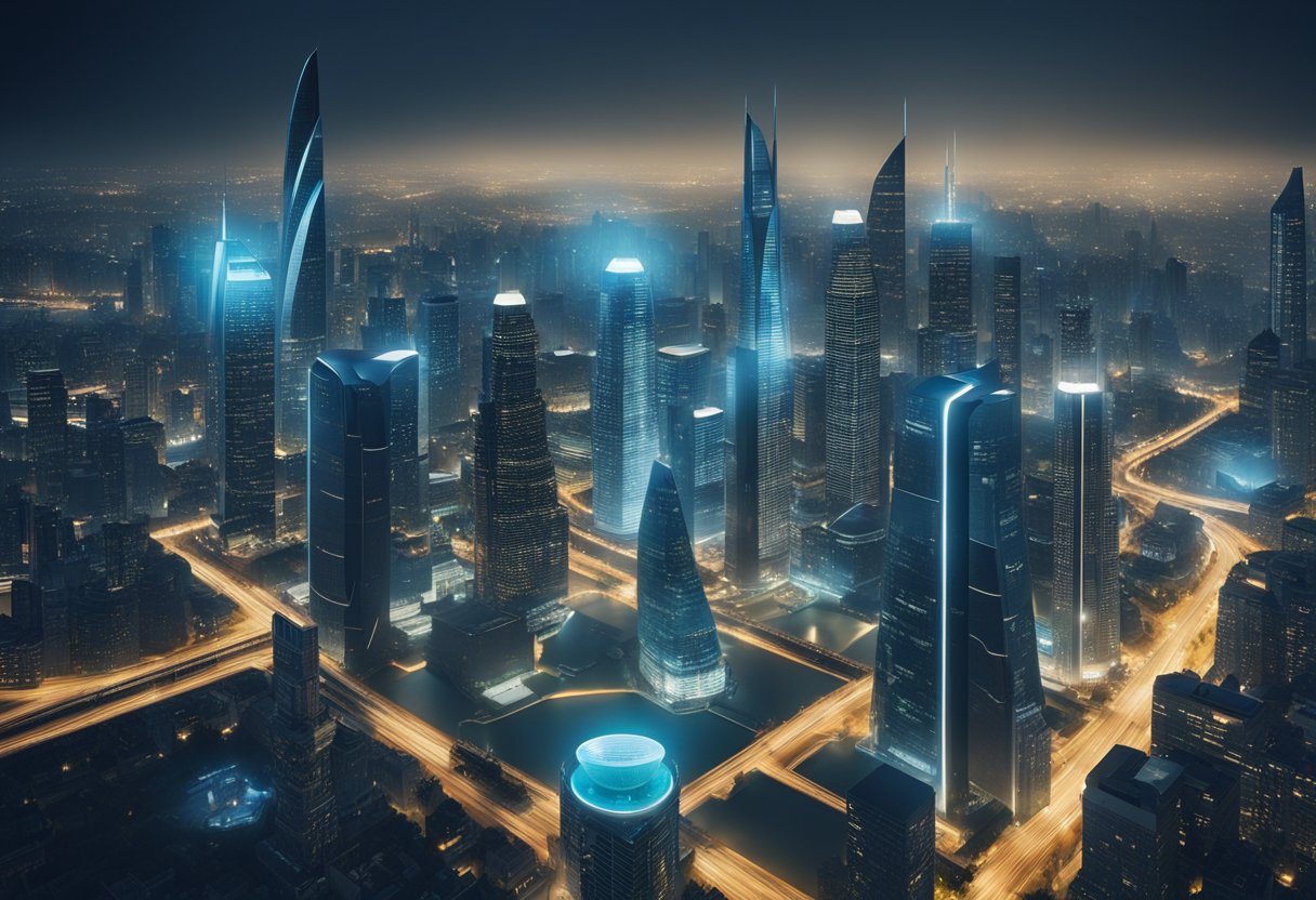 A futuristic city skyline with Nexys headquarters dominating the skyline, surrounded by advanced technology and bustling economic activity