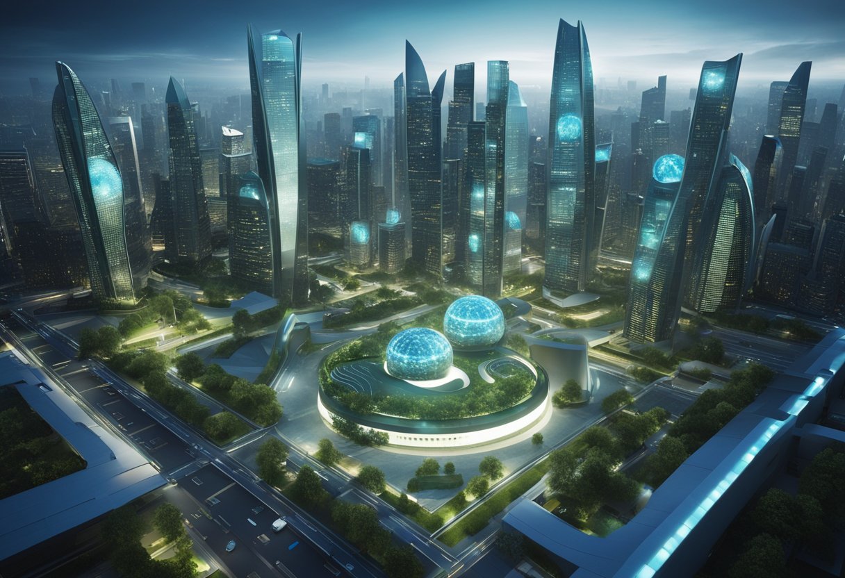 A futuristic city skyline with Nexys headquarters prominently displayed, surrounded by advanced technology and bustling economic activity