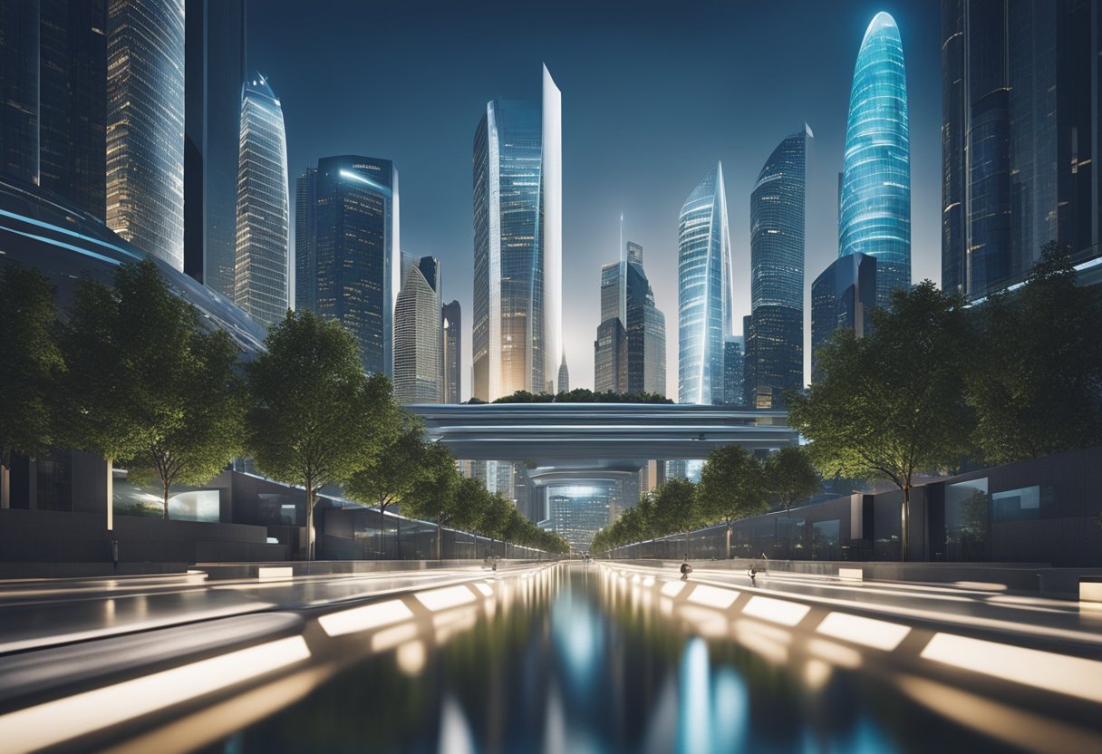 A futuristic city skyline with Nexys headquarters prominently featured, surrounded by advanced technology and bustling economic activity