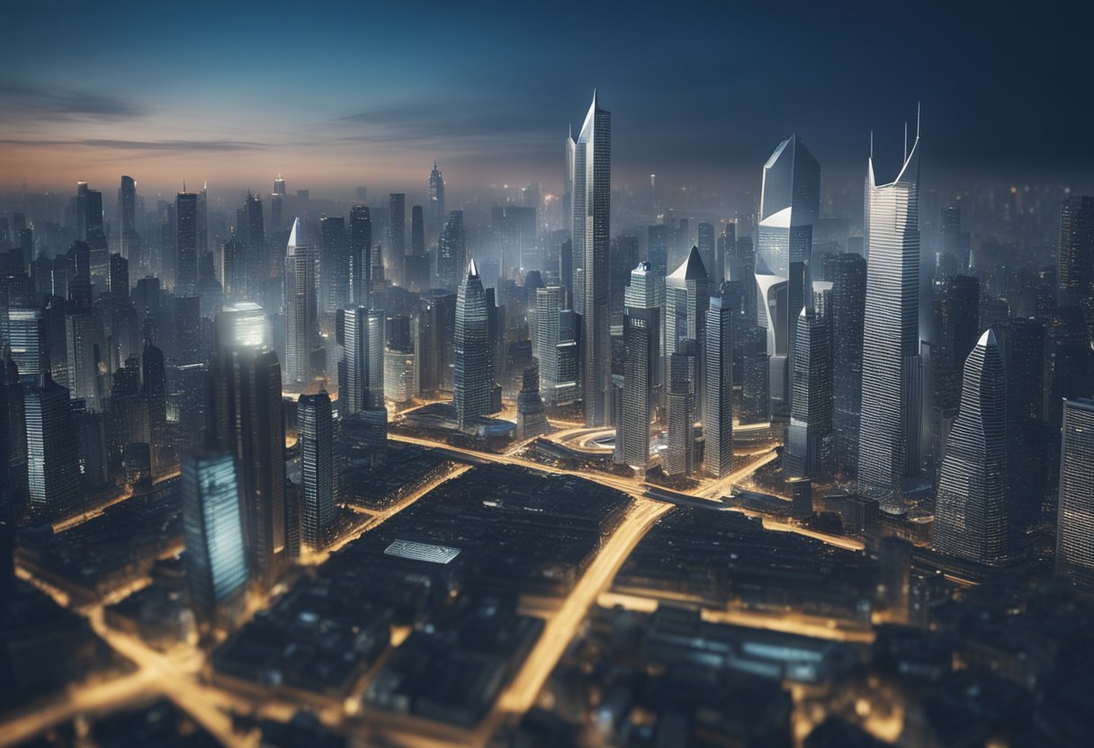 A futuristic cityscape with advanced financial institutions and cutting-edge technology for loan origination