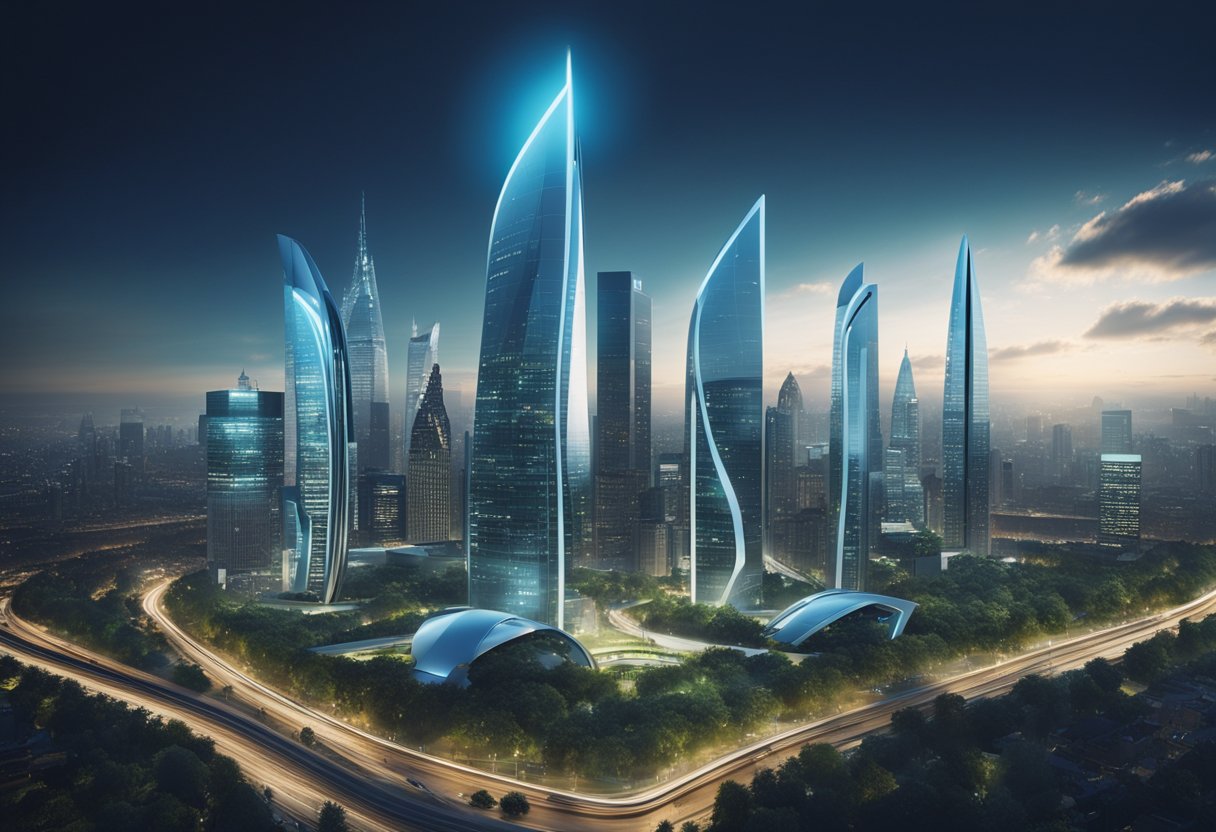 A futuristic city skyline with Nexys headquarters at the forefront, surrounded by advanced technology and bustling financial activity