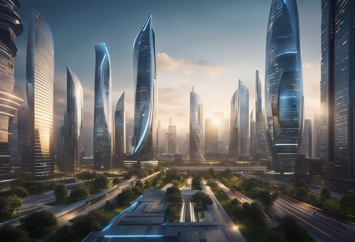 A futuristic cityscape with sleek, towering buildings and advanced technology, showcasing the cutting-edge loan origination process of Nexys in the year 2024