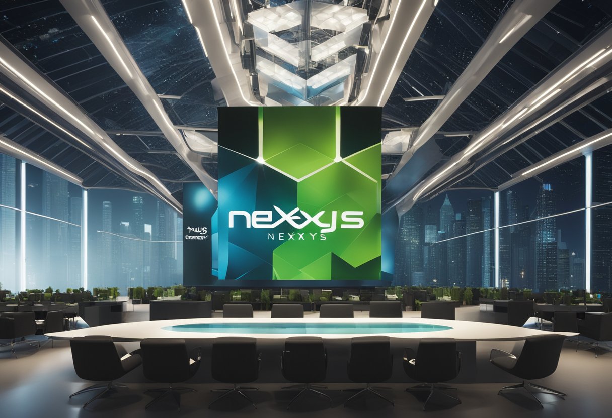 Nexys logo prominently displayed on a futuristic financial inclusion conference banner. Bright lights and modern architecture in the background