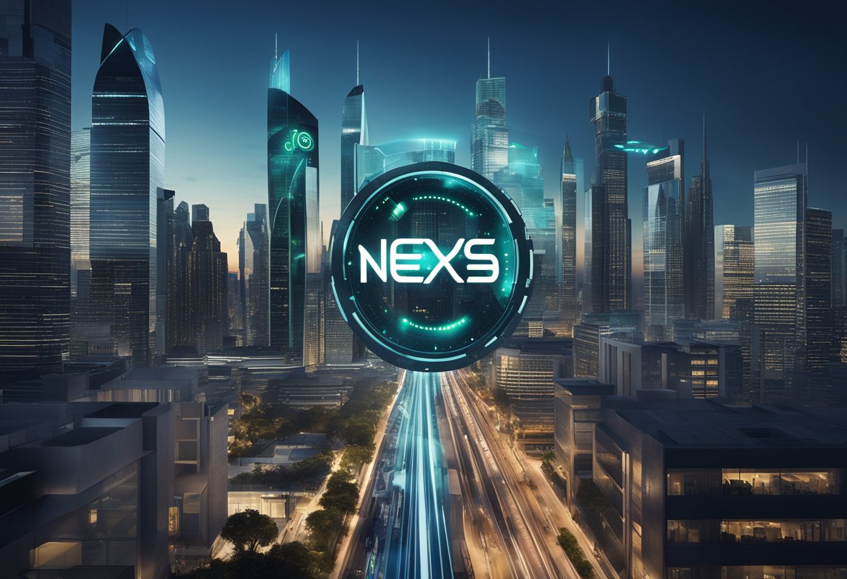 A futuristic city skyline with Nexys' logo towering over sleek, interconnected buildings. A digital interface displays loan origination data in the foreground