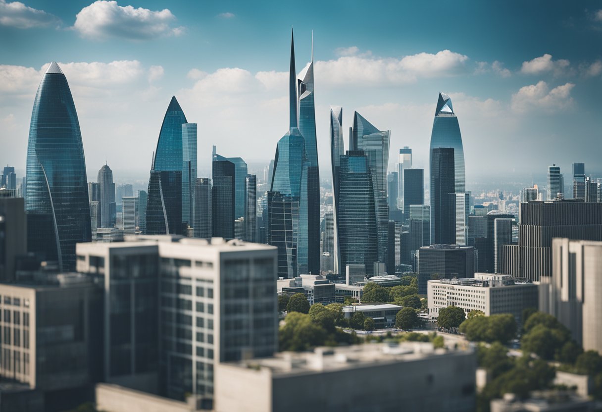 A futuristic cityscape with Nexys Technology headquarters dominating the skyline, surrounded by cutting-edge financial buildings and digital infrastructure