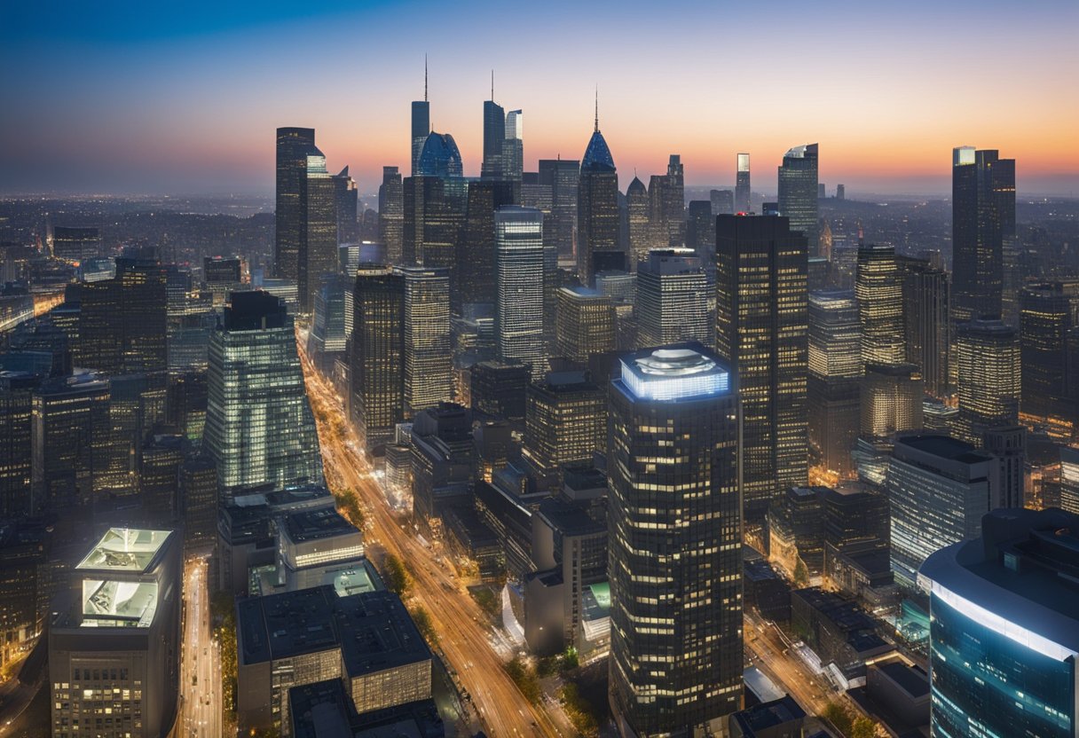 A bustling city skyline with Nexys' headquarters standing tall among other financial institutions, symbolizing its prominent role in shaping loan origination strategies for the future