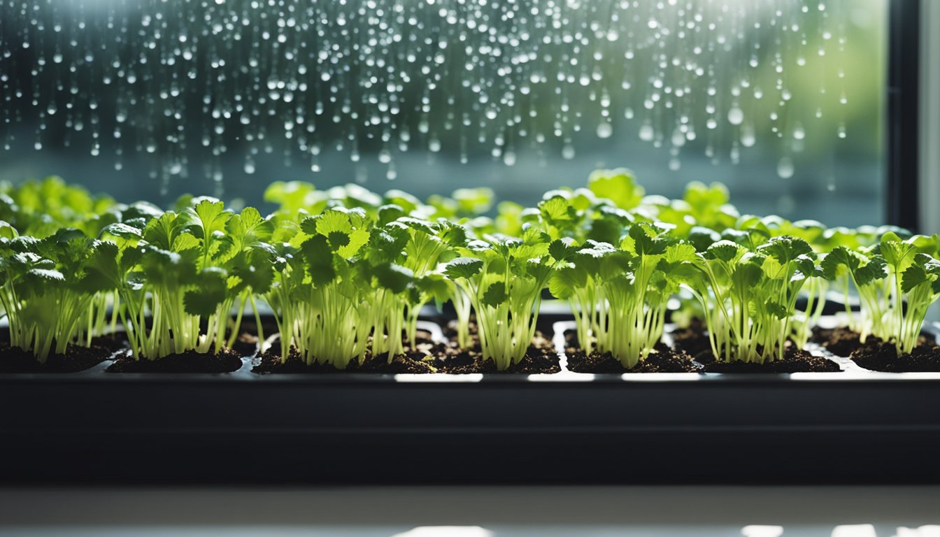 Vibrant cilantro sprouts fill a sleek growing tray on a modern white windowsill, bathed in natural light. Condensation forms on the window pane, creating a perfect humid environment for indoor growing