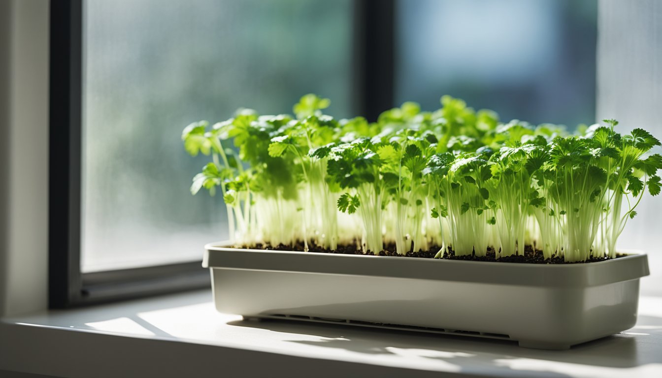 A white windowsill holds vibrant cilantro sprouts in a sleek growing tray. Natural light filters through sheer curtains, illuminating the tender green shoots. Condensation forms on the nearby window pane, creating a perfect humid environment for indoor growing