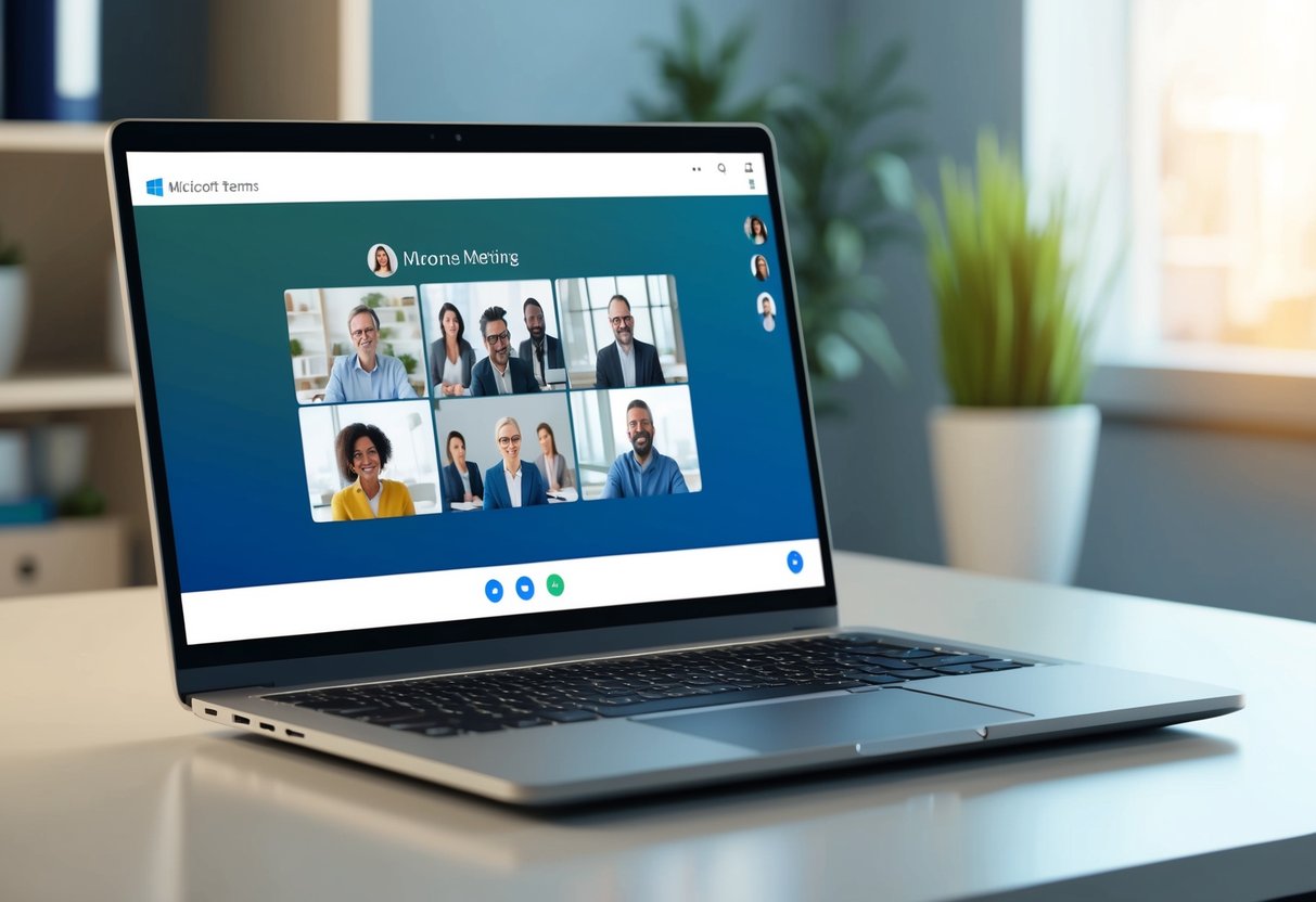 A laptop open on a desk, displaying a Microsoft Teams meeting with multiple participants on the screen. A virtual background of a professional office setting is visible