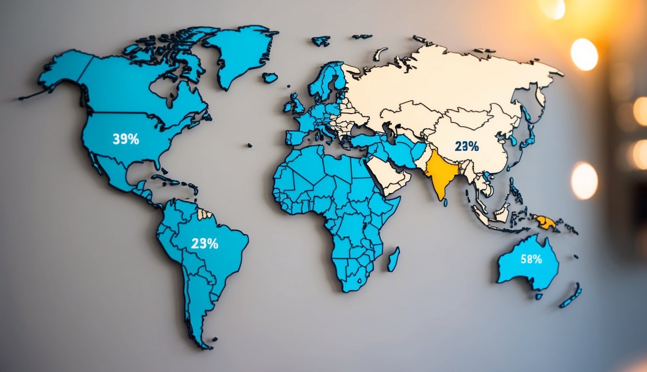 Una mappa del mondo con diverse regioni evidenziate, ognuna con un simbolo di percentuale diverso che rappresenta i vari tassi dell'IVA