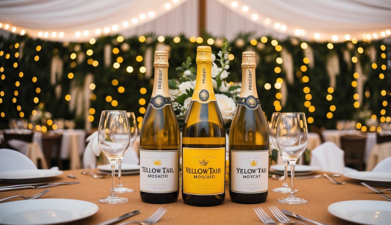 A festive wedding reception with tables adorned with Yellow Tail Moscato wine bottles and glasses, set against a backdrop of twinkling lights and floral decorations