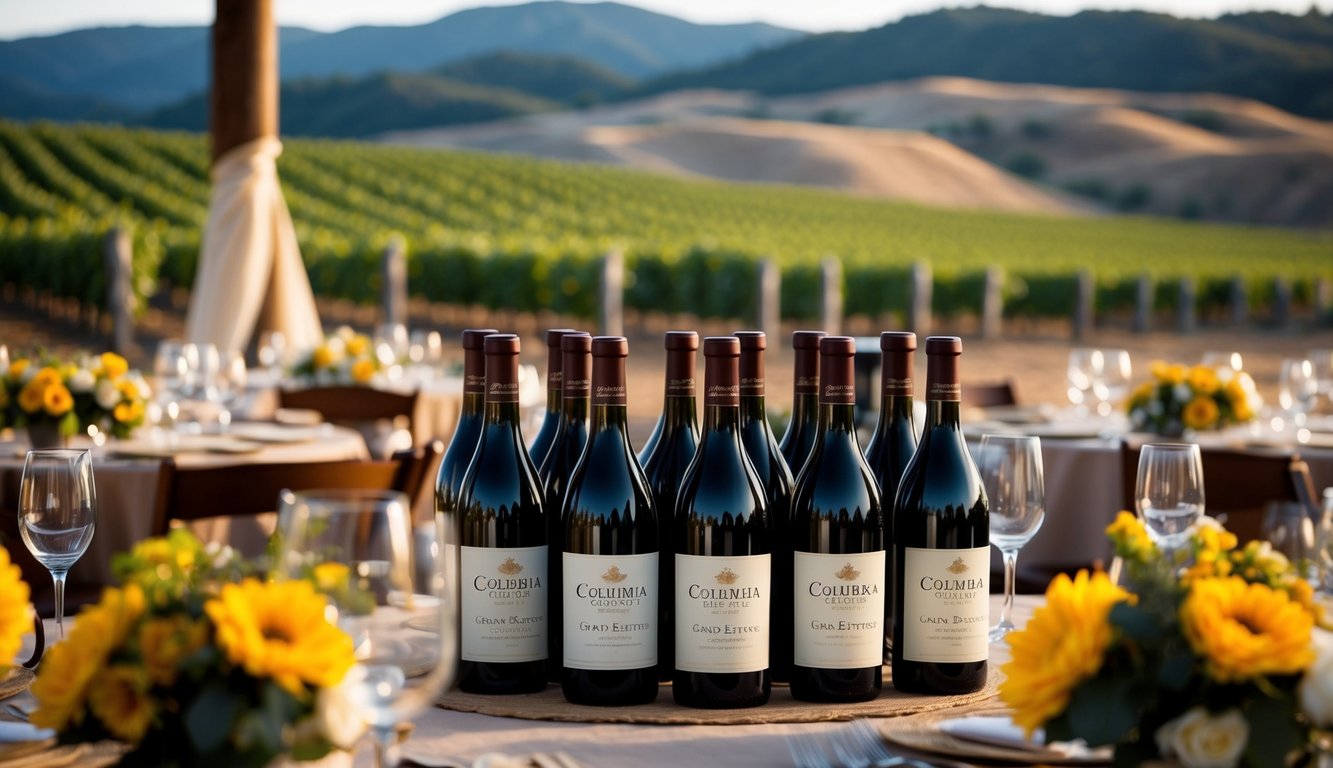 A rustic wedding reception with tables adorned with bottles of Columbia Crest Grand Estates Cabernet Sauvignon, set against a backdrop of rolling vineyards